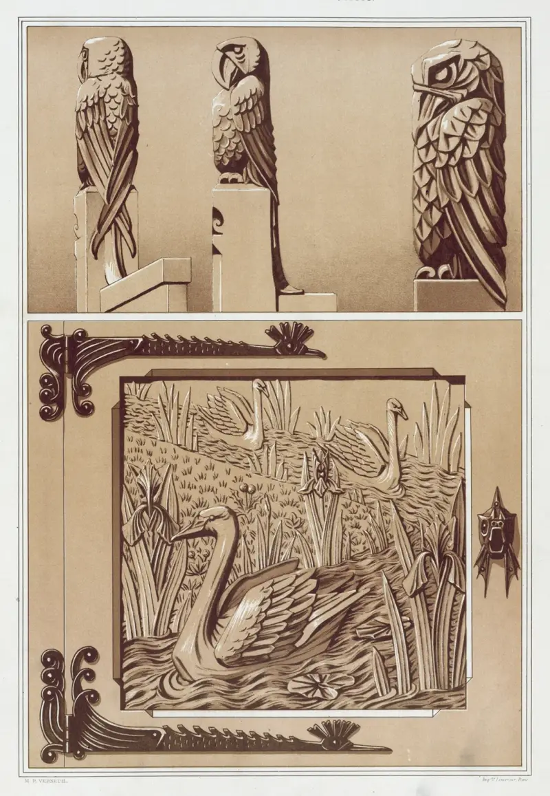 Perroquets, aigle, bois sculpté. Cygnes et iris, porte en bois sculpté. av Maurice Pillard Verneuil