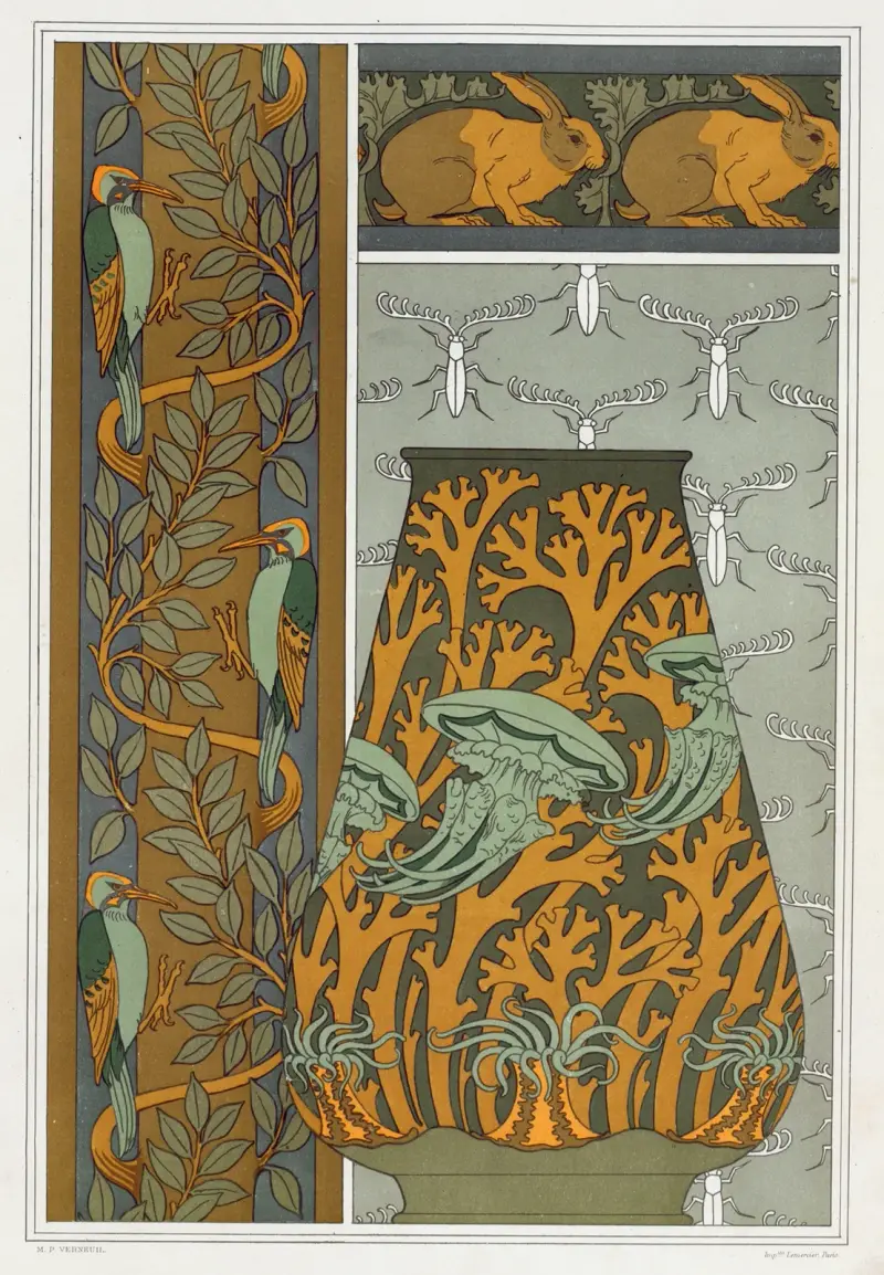 Piverts et arbre, bordure verticale. Lapins et feuilles, bordure. Méduses, anémones de mer et algues, vase. Insectes, jeu de fond. av Maurice Pillard Verneuil