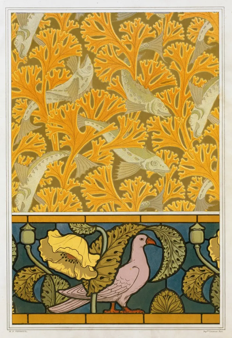 Poisson et algues, papier peint; pigeon et pavots, bordure de vitrail av Maurice Pillard Verneuil