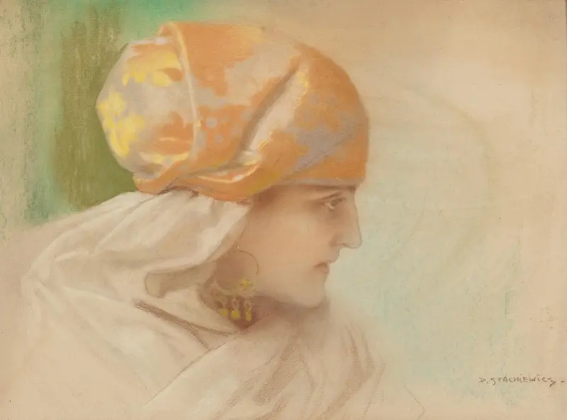 Portrait of a woman with earrings av Piotr Stachiewicz