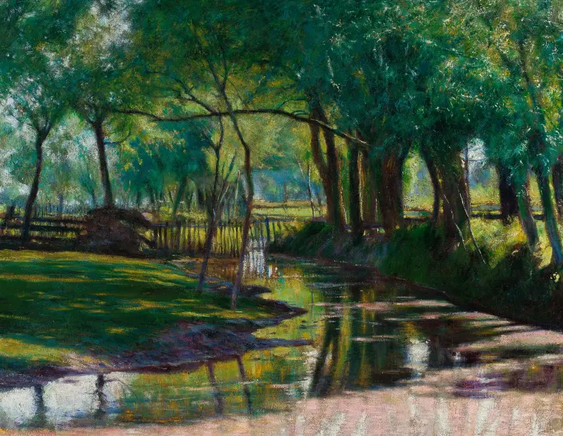 Grüne Landschaft mit einem Bach von Władysław Podkowiński