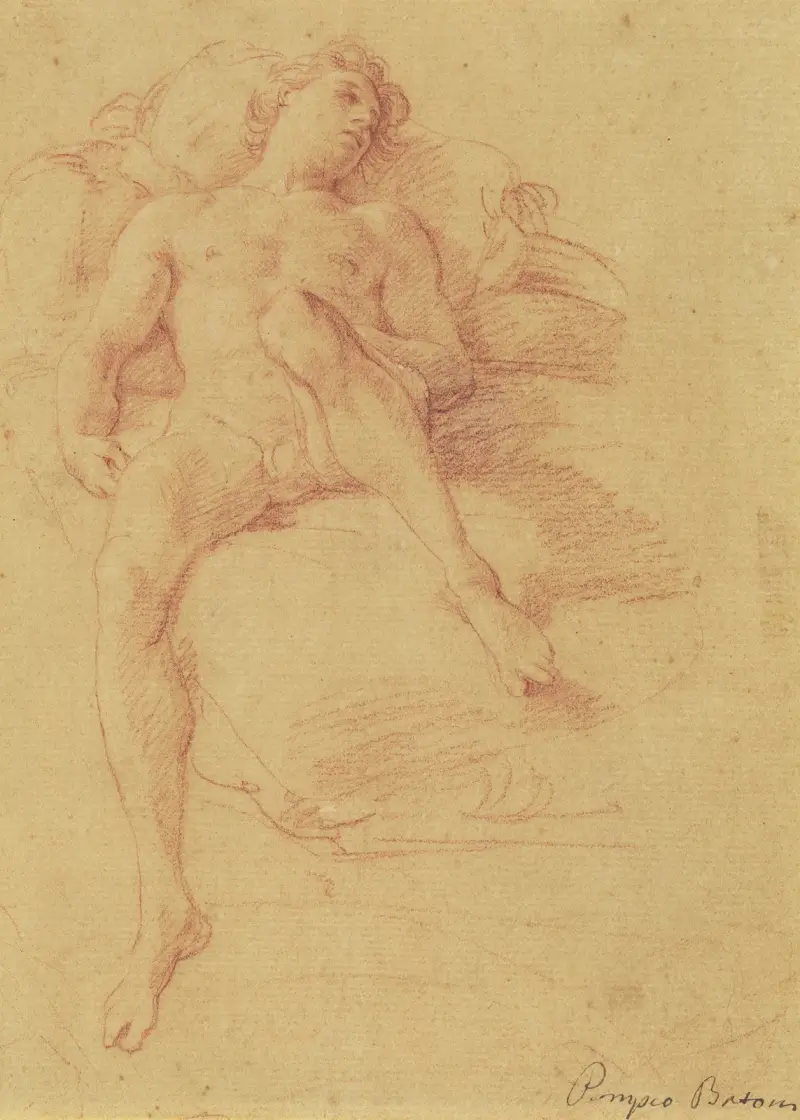 Liggande manlig nakenstudie på en säng av Pompeo Batoni