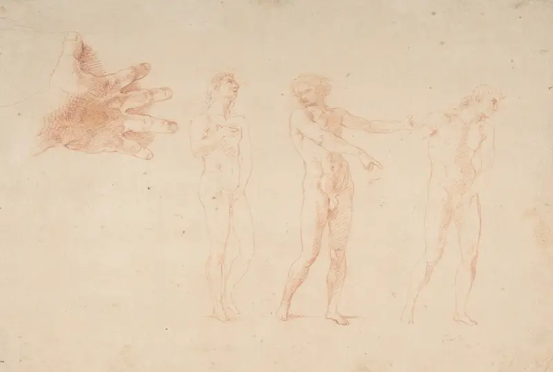 Tre nakna mansfigurer; studie av den vänstra figurens högra hand av Pompeo Batoni