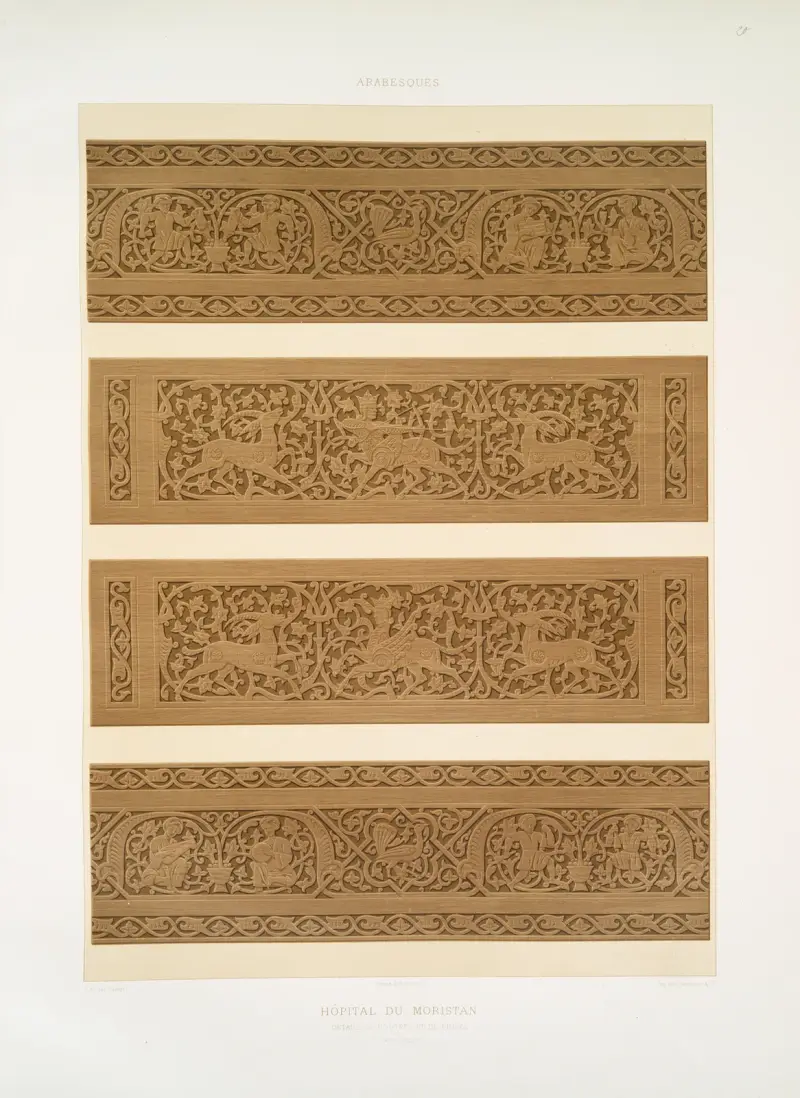Arabesques; hôpital du Moristan; détails de poutres et de frises (XIIIe. siècle) av Émile Prisse d'Avennes