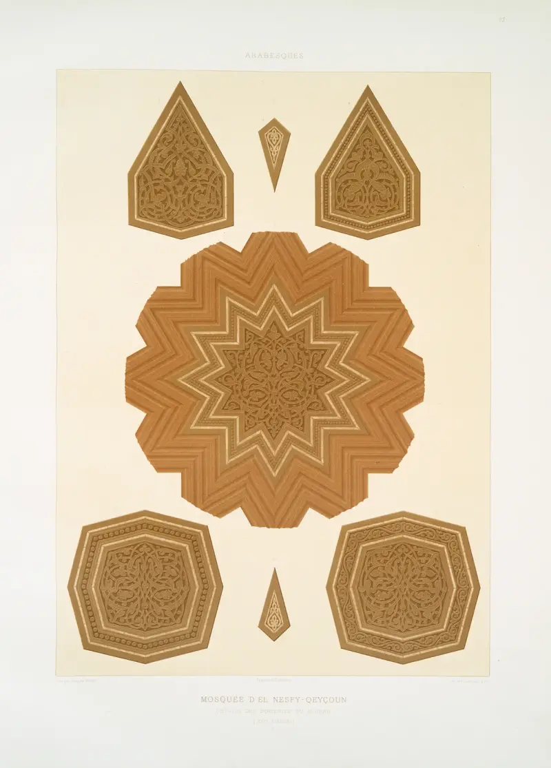 Arabesques; mosquée d’El Nesfy-Qeyçoun; détails des boiseries du mihrab (XIVe. siècle); 2 av Émile Prisse d'Avennes