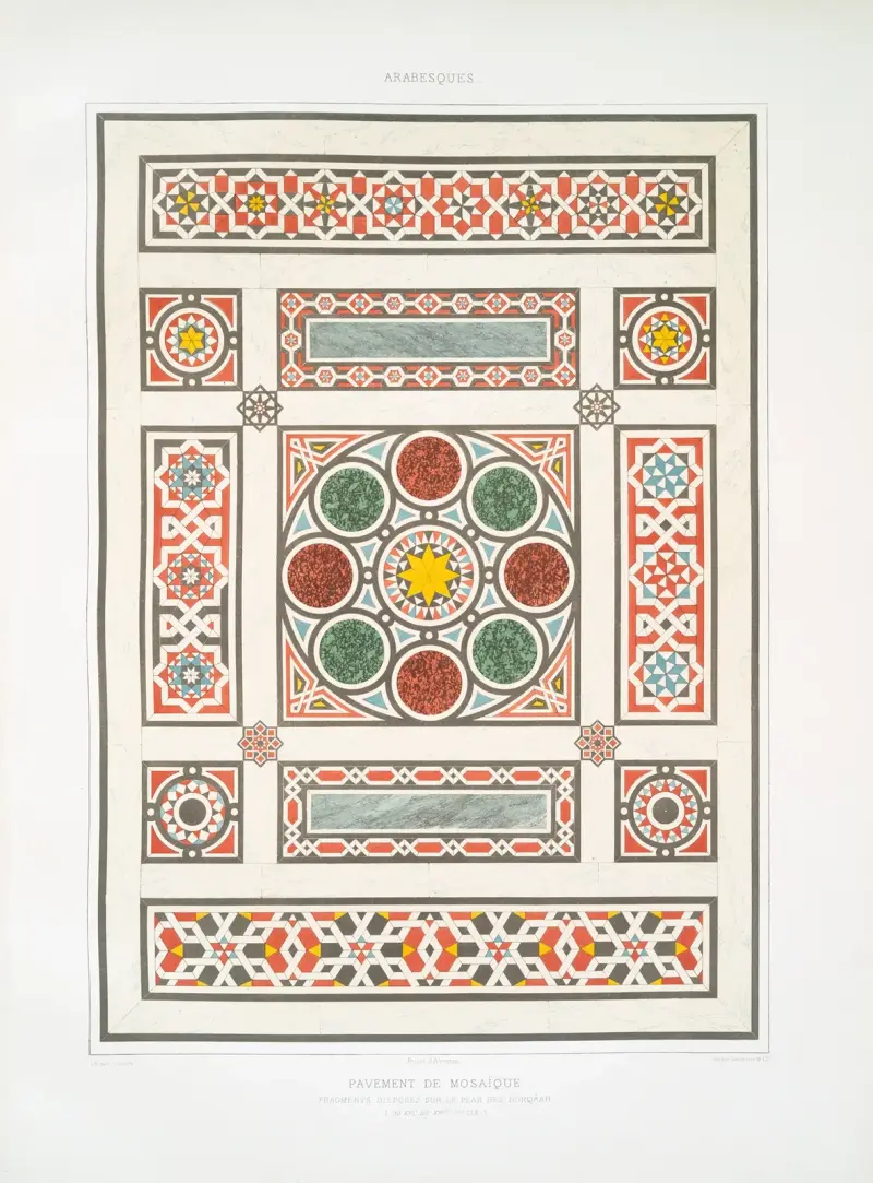 Arabesques; pavement de mosaïque, fragments disposée sur le plan des dorqâah (du XVIe. au XVIIIe. siècle) av Émile Prisse d'Avennes