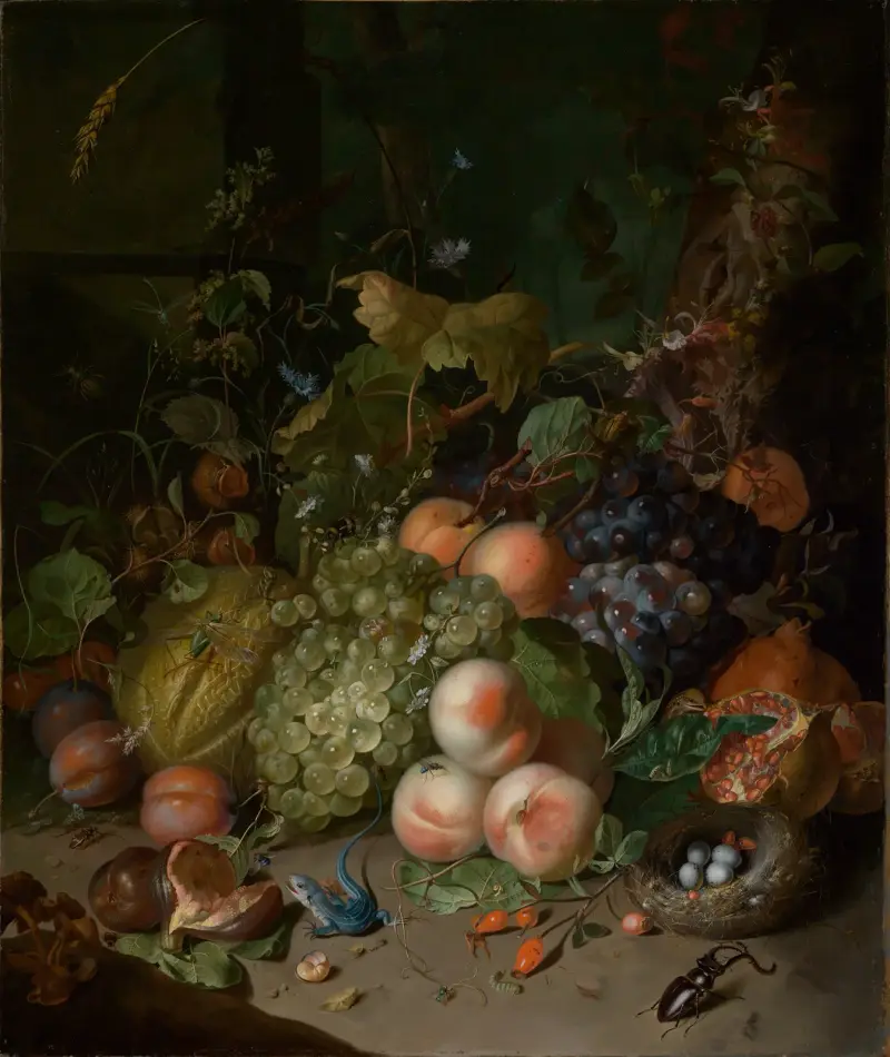Fruchtstilleben mit Hirschkäfer und Nest av Rachel Ruysch