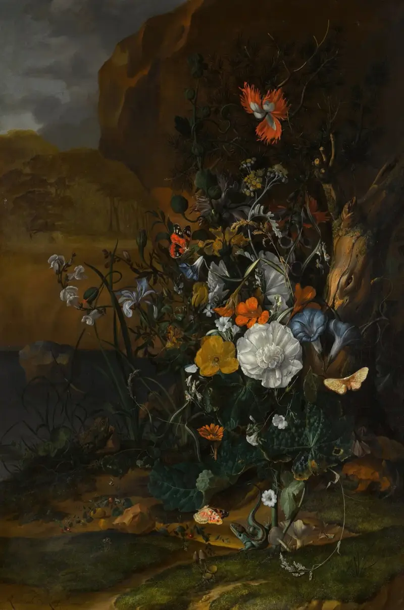 Martwa natura z kwiatami, motylami, owadami, jaszczurką i ropuchami nad sadzawką, Rachel Ruysch