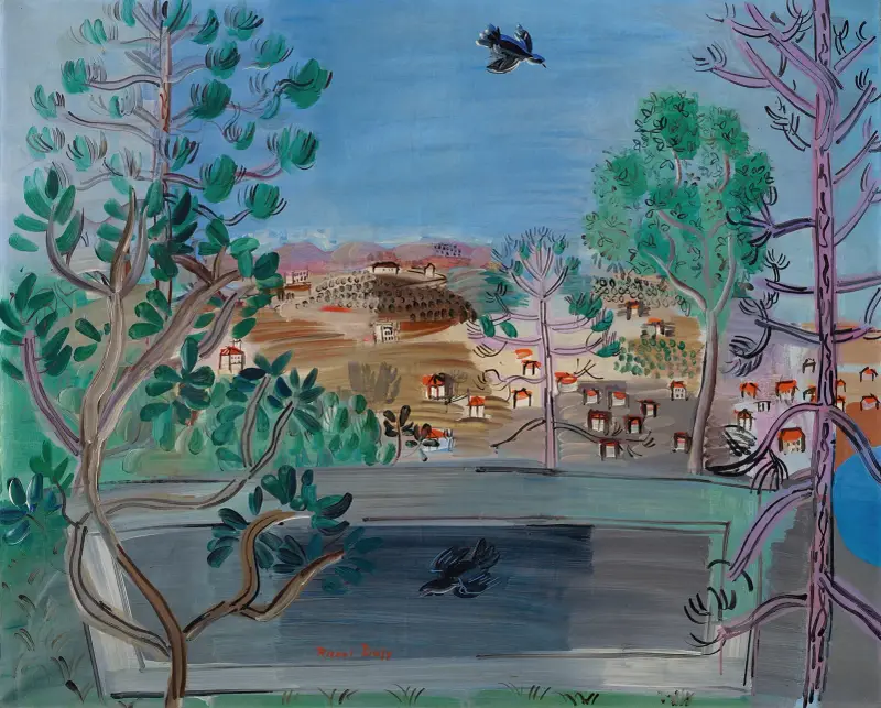 Vattenreservoaren i Golfe-Juan, med fågel av Raoul Dufy
