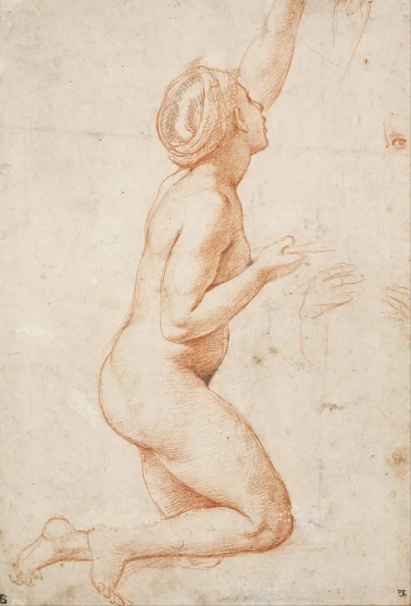 A Kneeling Nude Woman with her Left Arm Raised av Raphael