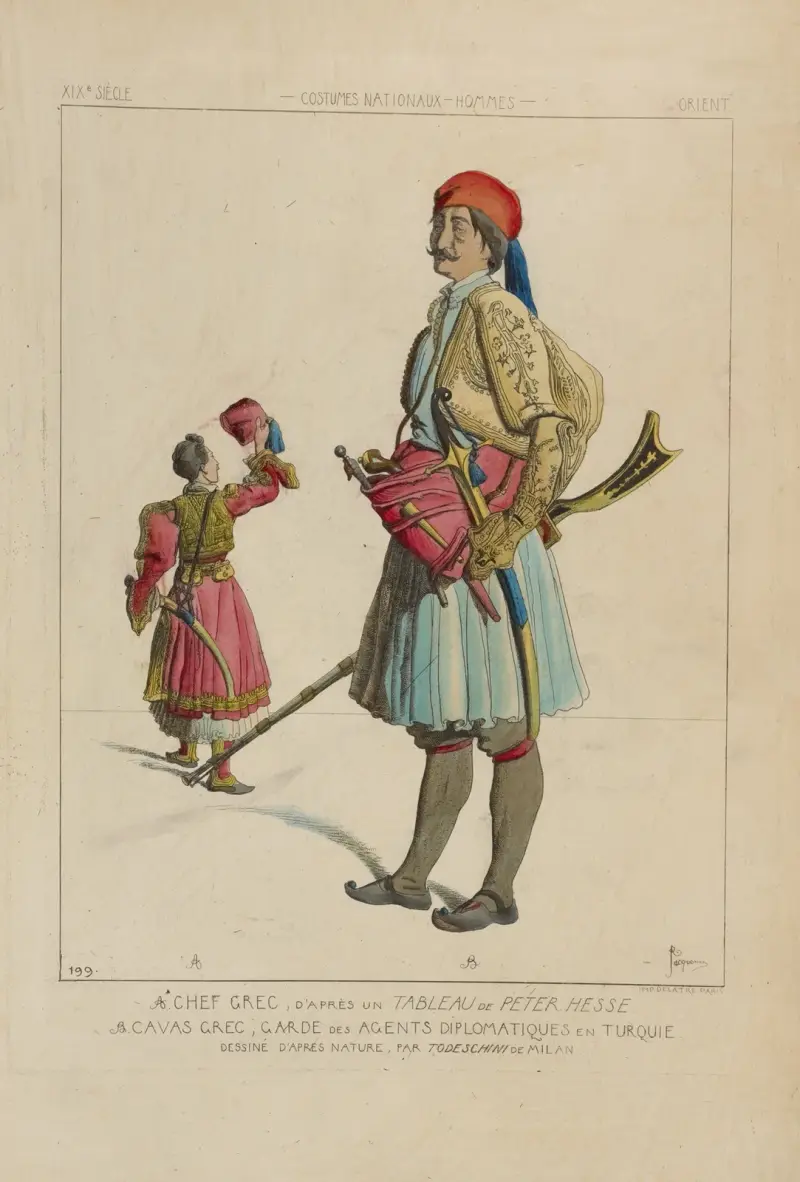A. Grekisk chef, efter en tavla av Peter Hesse. B. Grekisk cavas, beskyddare av diplomatiska agenter i Turkiet av Raphaël Jacquemin