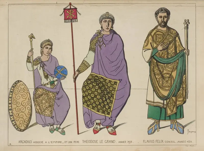 Arcadius associe a l’empire, et son pere Theodose Le Grand, annee 393. Flavius Felix consul, annee 428. av Raphaël Jacquemin
