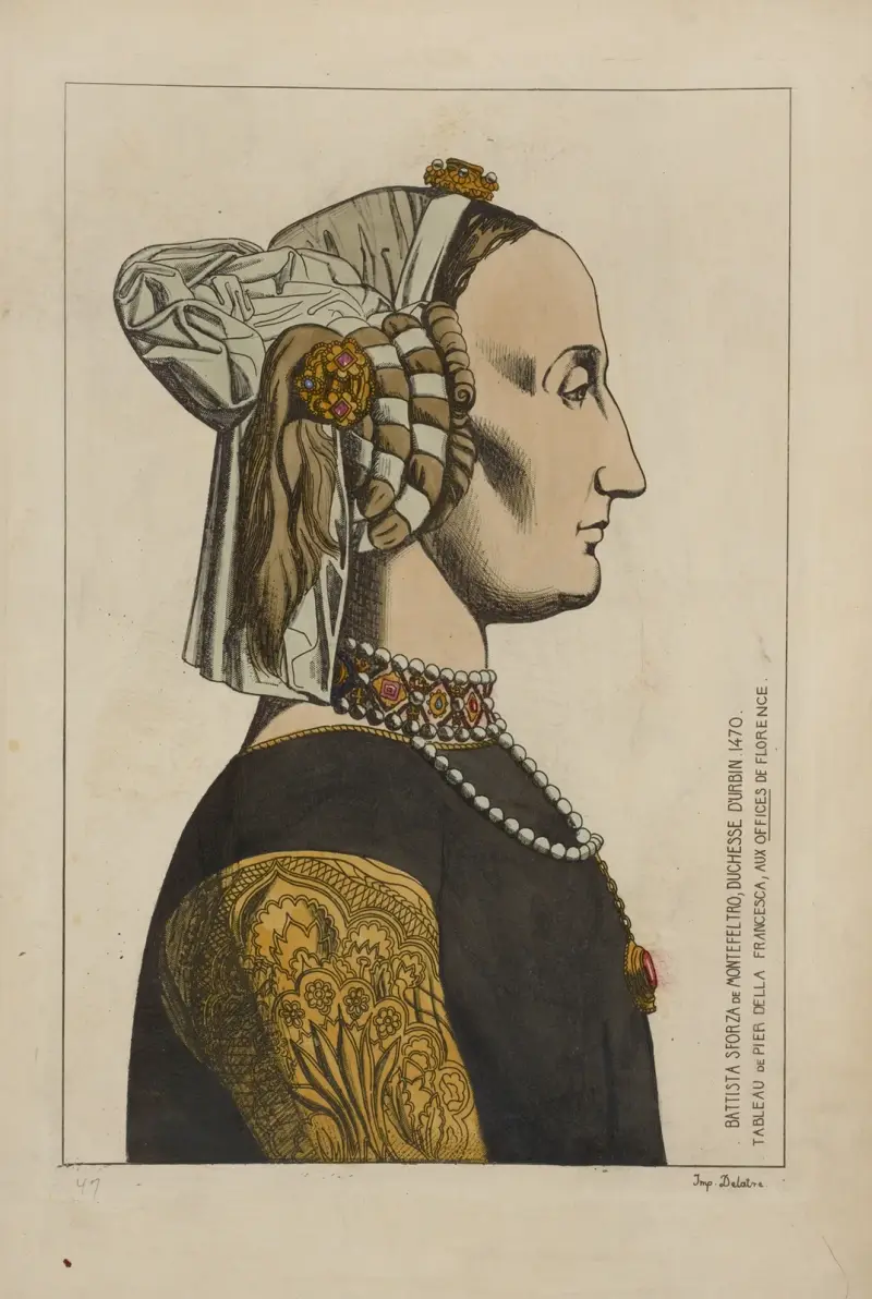 Battista Sforza de Montefeltro, duchesse D’Urbin. 1470. Tableau de Pier Della Francesca, aux offices de Florence. av Raphaël Jacquemin