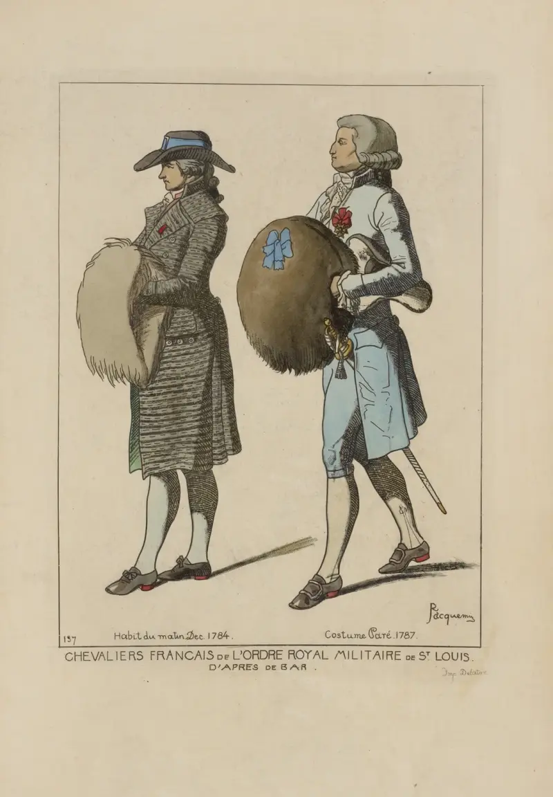 Chevaliers Francais de l’ordre royal militaire de St. Louis. D’apres de Bar. Habit du matin Dec. 1784. Costume Paré 1787. av Raphaël Jacquemin