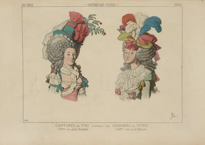 Coiffures de 1790. D’apres des gravures du temps. Coiff[ure] dite sans redoute. Coiffure dit à la nation. av Raphaël Jacquemin