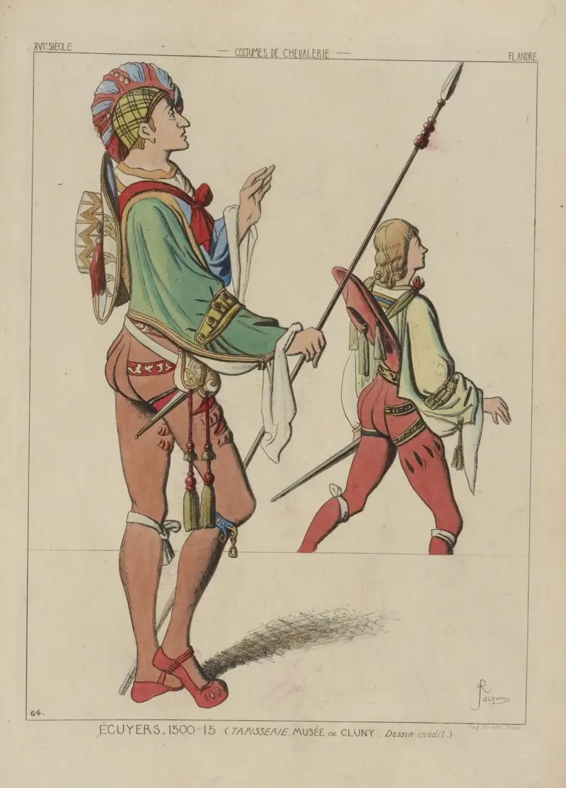 Écuyers, 1500-15 (Tapisserie. Musée de Cluny. Dessin inédit.) XVIe siècle, costumes de chevalerie, Flandre. av Raphaël Jacquemin