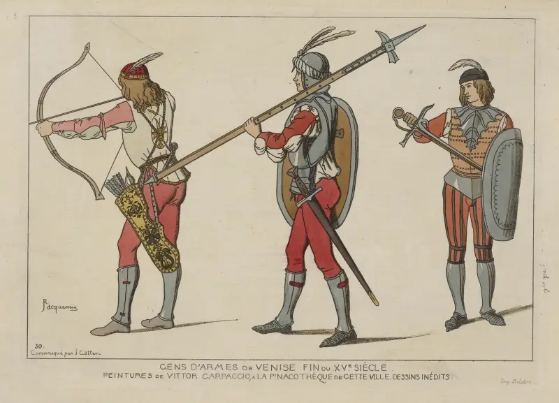 Gens d’armes de Venise fin du XVe siecle. Pentures de Vittor Carpaccio, a la pinacothèque de cette ville. Dessins inédits. av Raphaël Jacquemin