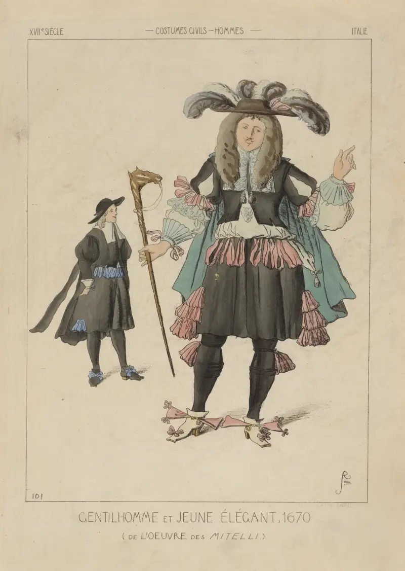 Gentilhomme et jeune élégant, 1670. (De l’oeuvre des Mitelli.) XVIIe siècle, costumes civils, hommes, Italie. av Raphaël Jacquemin