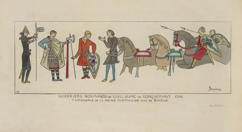 Guerriers Normands de Guillaume le Conquerant 1066. Tapisserie de la Reine Mathilde, dite de Bayeux. av Raphaël Jacquemin