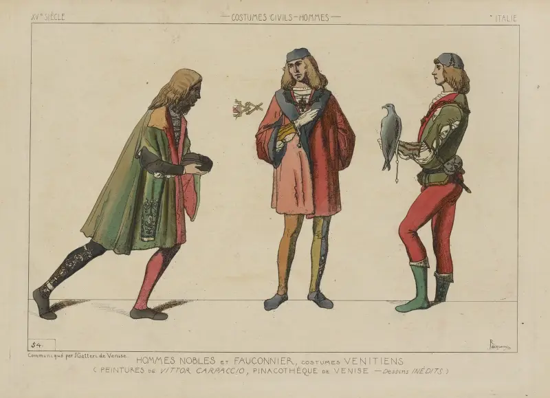 Adlige Männer und Falkner, venezianische Kostüme von Raphaël Jacquemin