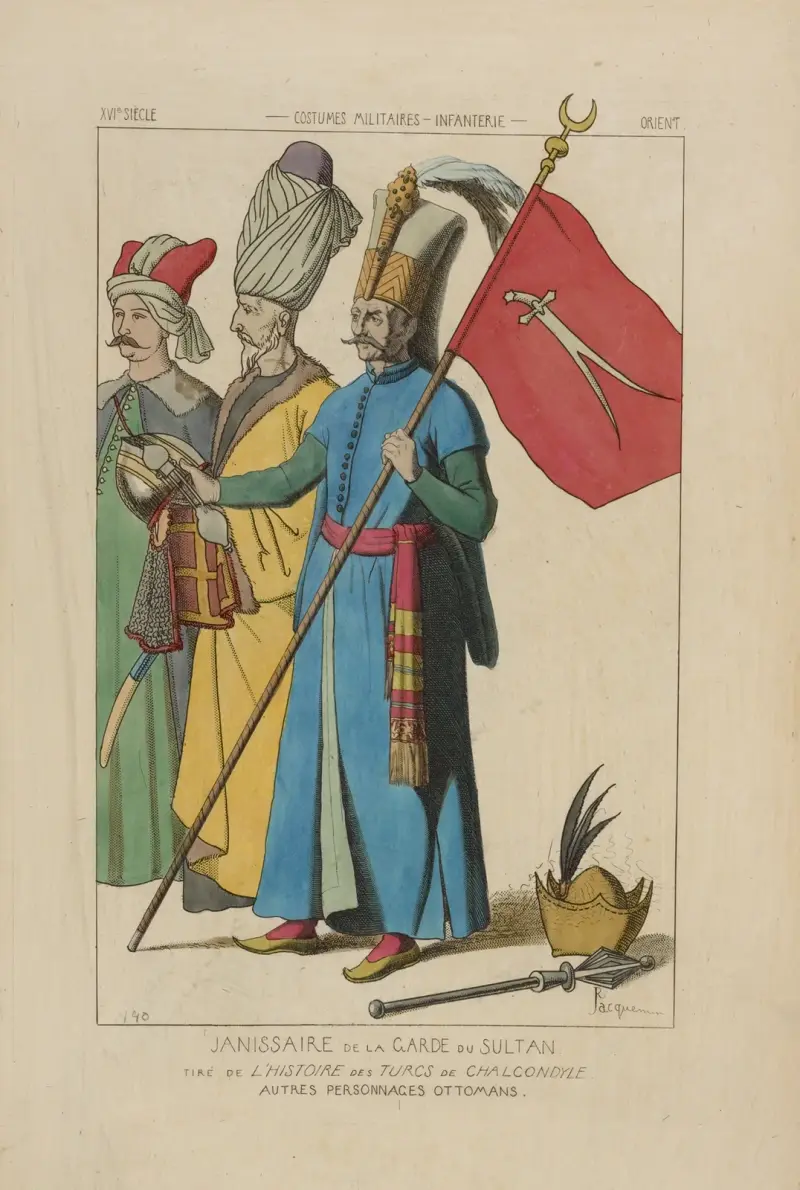 Janitschar der Leibwache des Sultans aus der Geschichte der Türken von Chalcondyle. Weitere osmanische Figuren von Raphaël Jacquemin
