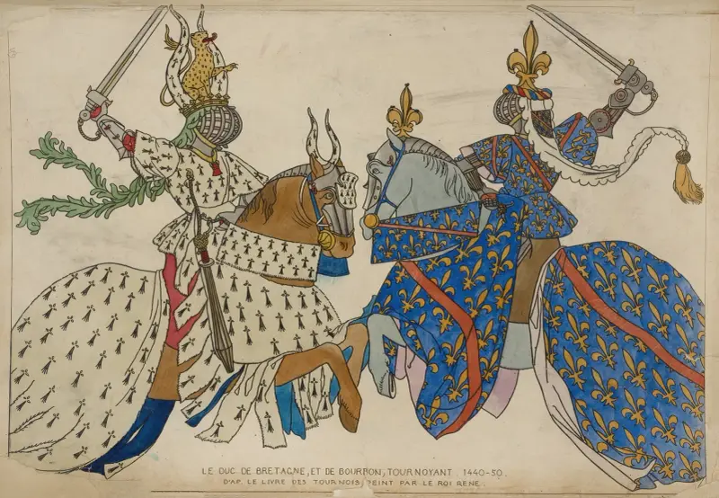 Le duc de Bretagne, et de Bourbon, tournoyant 1440-50. D’ap[rès] le Livre des Tournois, peint par le roi rene. av Raphaël Jacquemin