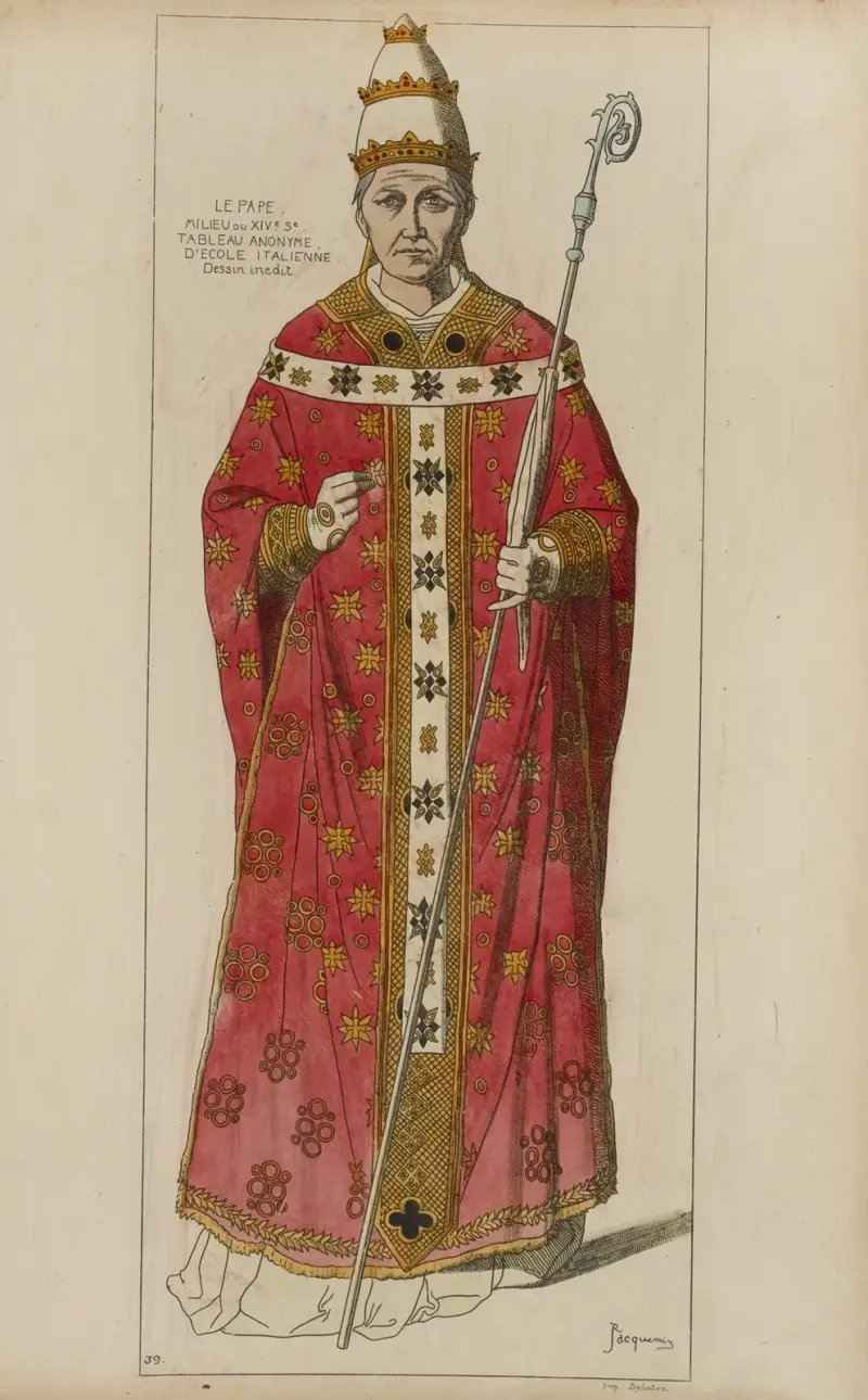 Der Papst Mitte des 14. Jahrhunderts, anonymes Gemälde der italienischen Schule, unveröffentlichte Zeichnung von Raphaël Jacquemin