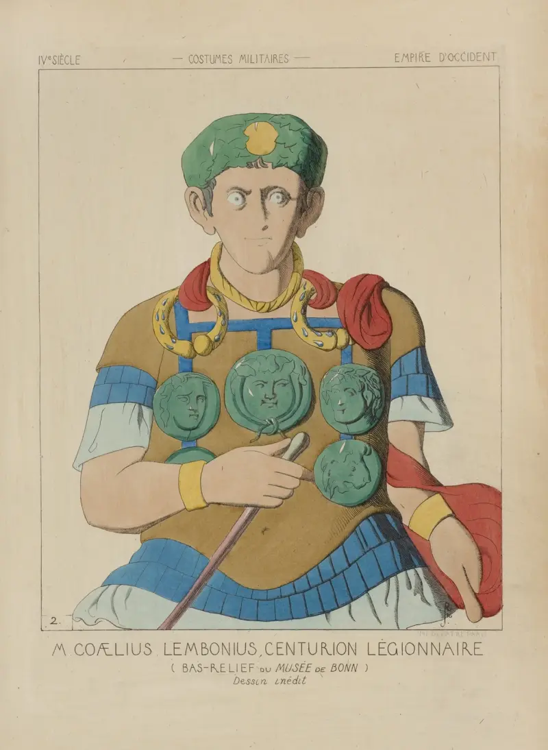 M. Coaelius Lembonius, Legionärscenturio (Relief aus dem Museum von Bonn), unveröffentlichte Zeichnung von Raphaël Jacquemin