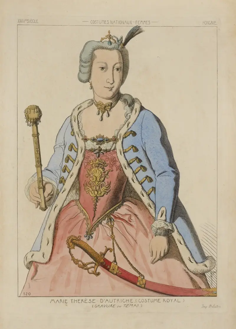 Marie Thérèse av Österrike (kunglig dräkt) (gravyr från 1700-talet, nationella dräkter, kvinnor, Ungern) av Raphaël Jacquemin