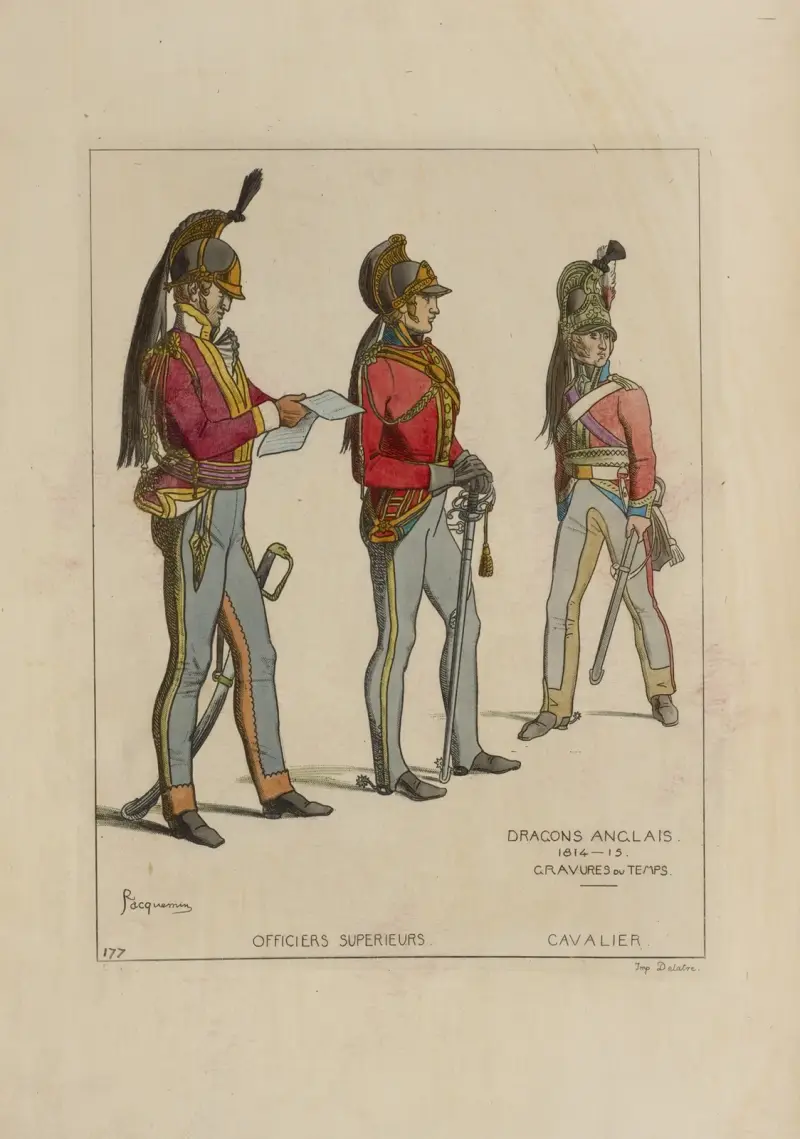 Höhere Offiziere. Kavallerist. Englische Dragoner. 1814–15. Stiche aus der Zeit. von Raphaël Jacquemin