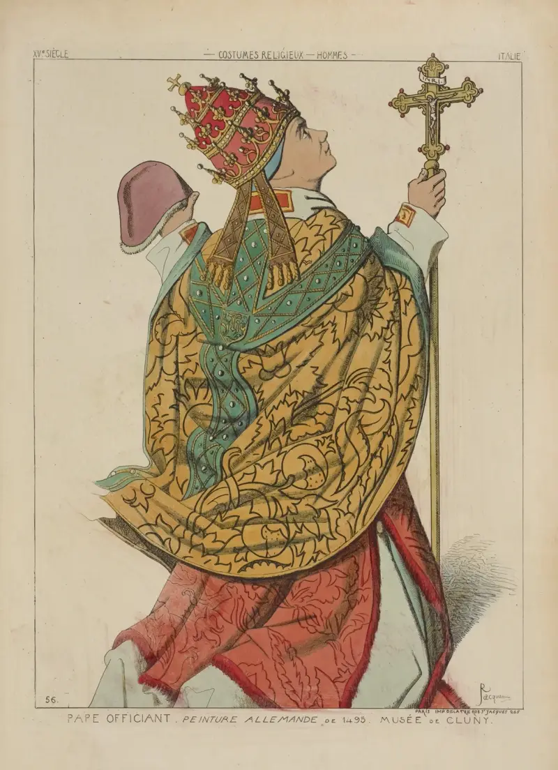 Pape officiant. Peinture Allemande de 1495. Musée de Cluny. XVe siècle, costumes religieux, hommes, Italie. av Raphaël Jacquemin