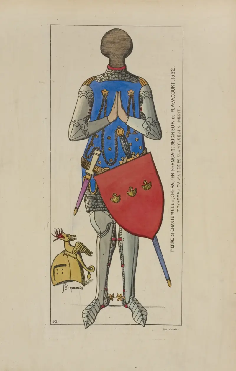 Pierre de Chantemelle, französischer Ritter; Herr von Flavacourt 1352. Grabmal aus dem Musée de Cluny, unveröffentlichte Zeichnung. von Raphaël Jacquemin