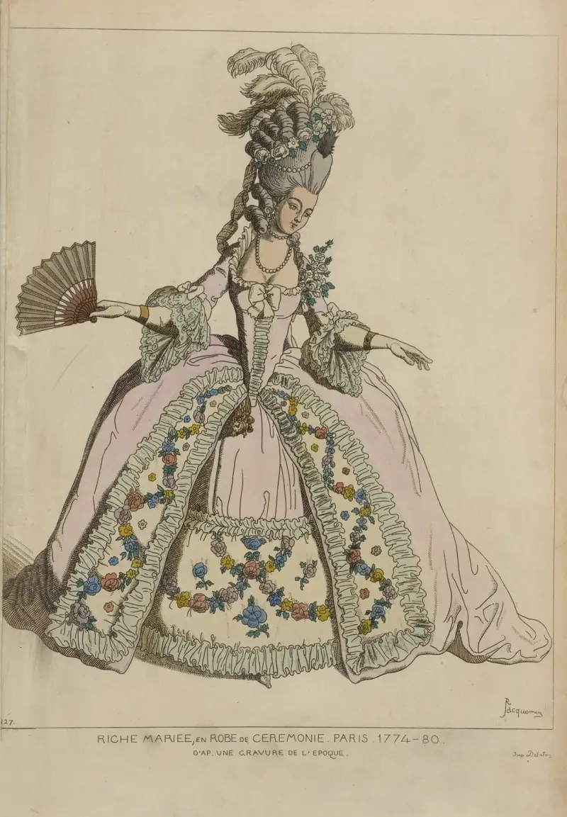 Riche mariee, en robe de ceremonie. Paris. 1774-80. D’ap[rès] une gravure de l’epoque. av Raphaël Jacquemin