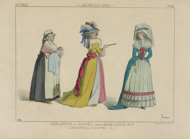 Dienstmädchen und Damen. Ende der Herrschaft Ludwigs XVI. (Stiche von Duhamel u. a.) 18. Jahrhundert, bürgerliche Trachten, Frauen, Frankreich. von Raphaël Jacquemin