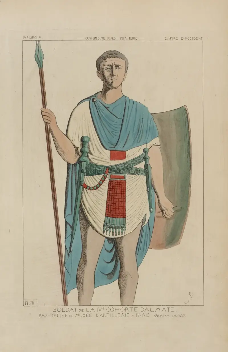Voják IV. kohorty podle reliéfu z Dělostřeleckého muzea. Nevydaná kresba, Raphaël Jacquemin