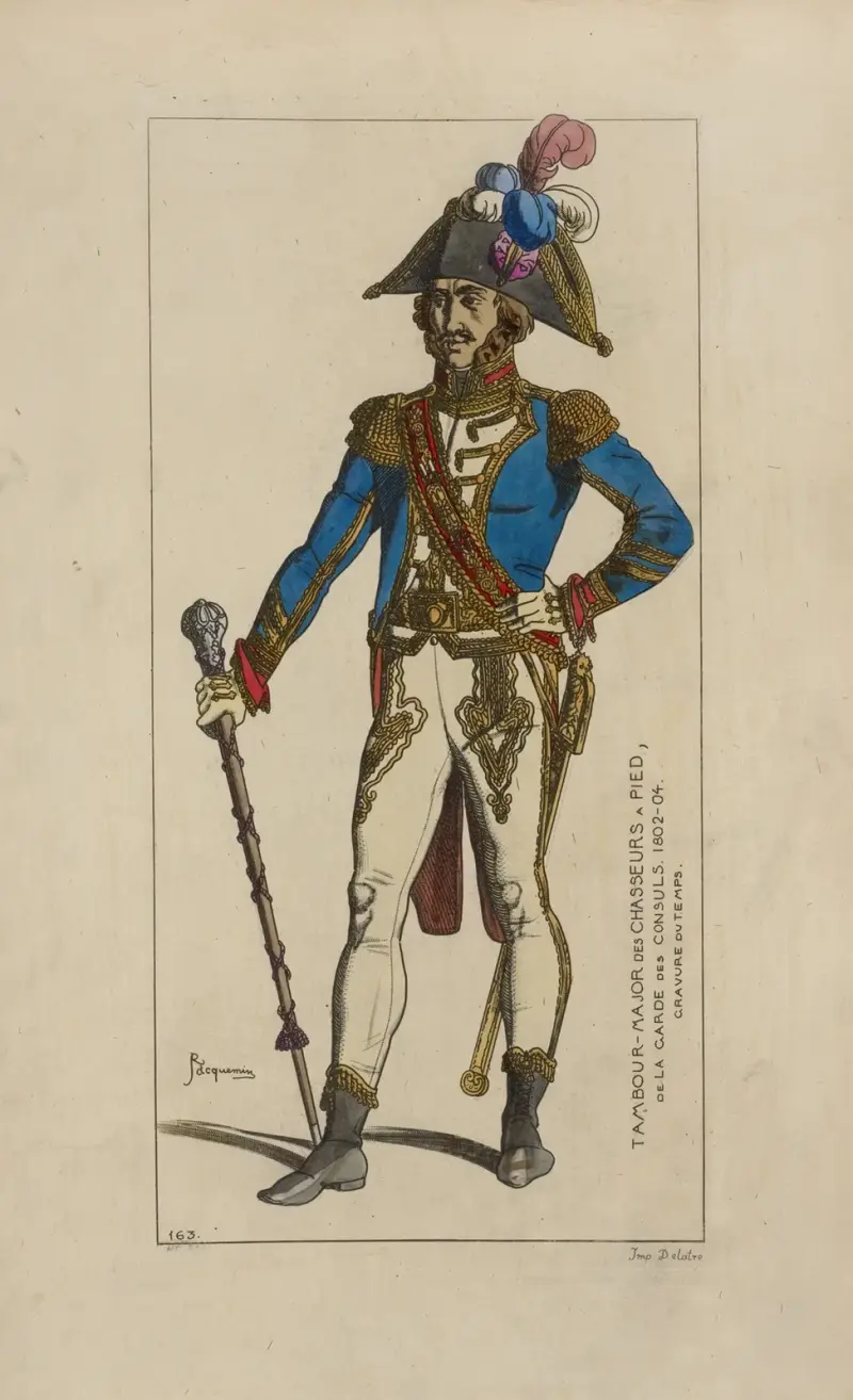 Tambour-major des chasseurs a pied, de la garde des consuls. 1802-04. Gravure du temps. av Raphaël Jacquemin