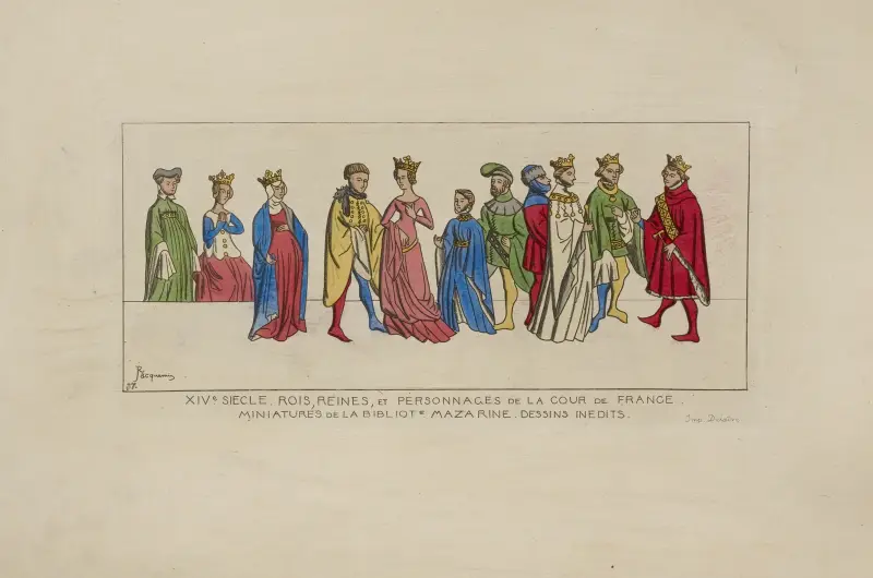 14. Jahrhundert. Könige, Königinnen und Persönlichkeiten des französischen Hofes. Miniaturen der Bibliothèque Mazarine. Unveröffentlichte Zeichnungen von Raphaël Jacquemin