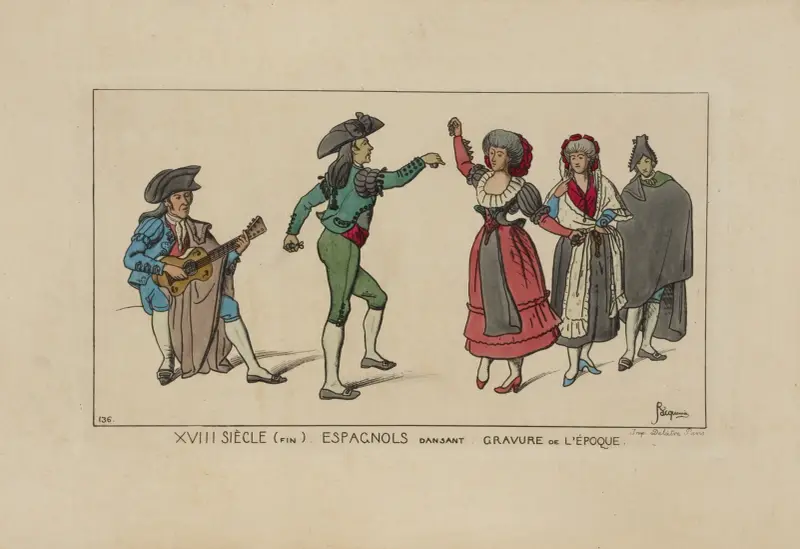 XVIII siècle (fin). Espagnols dansant. Gravure de l’époque. von Raphaël Jacquemin
