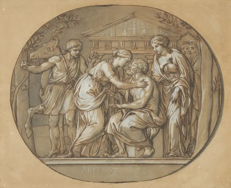 Oidipus framför furiernas tempel mellan sina döttrar Antigone och Ismene av Anton Raphael Mengs