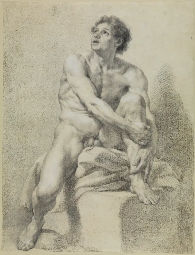 Sitzender männlicher Akt, etwa frontal, das linke Bein hochgestellt und mit beiden Händen gehalten av Anton Raphael Mengs