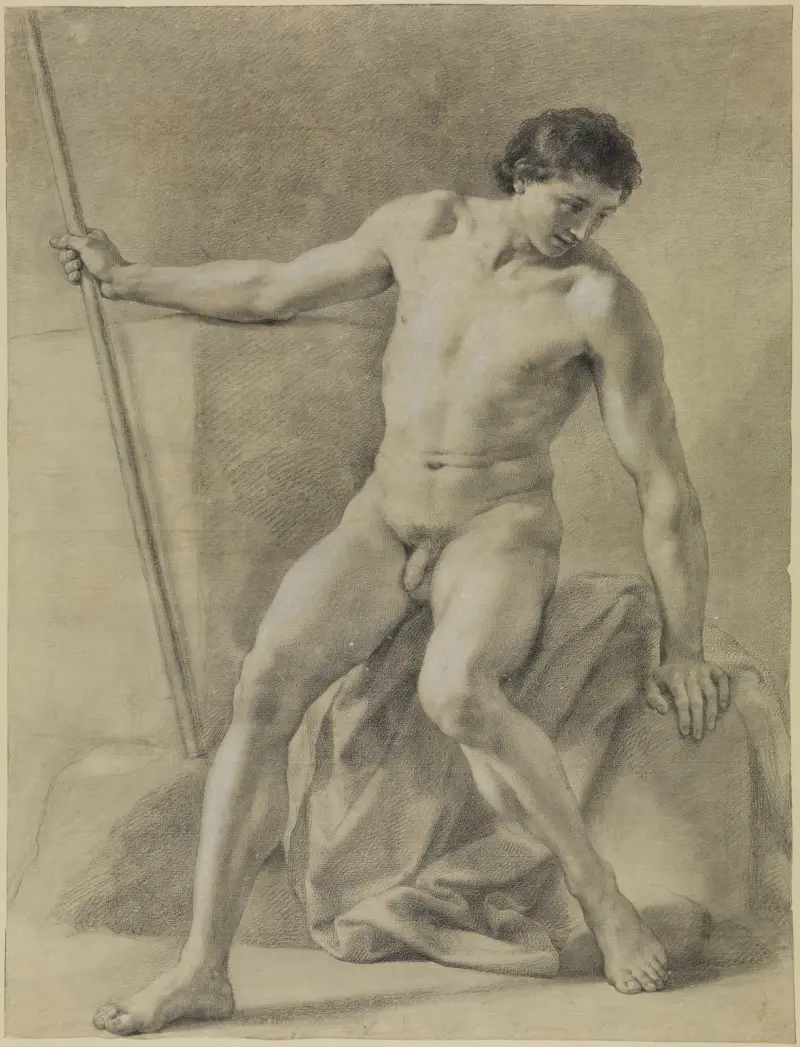 Sitzender männlicher Akt, fast frontal, Stab in der Rechten, niederblickend av Anton Raphael Mengs