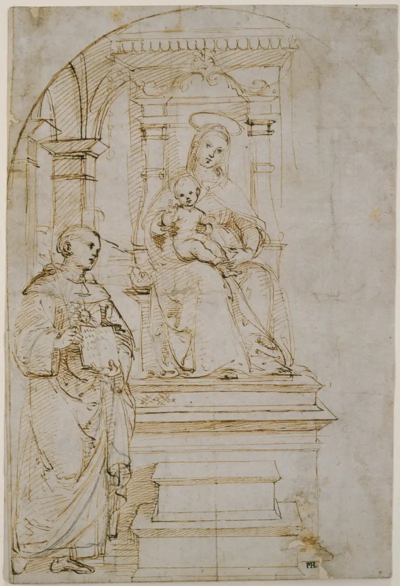 Sketch for an enthroned Virgin and Child with Saint Nicholas of Tolentino av Raphael