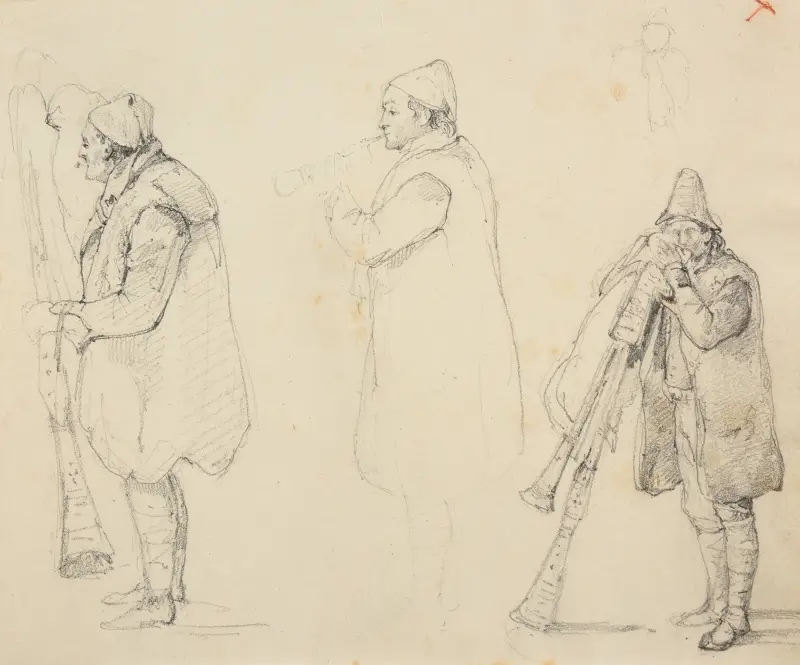 Studie av tre pifferari av Jacques-Raymond Brascassat