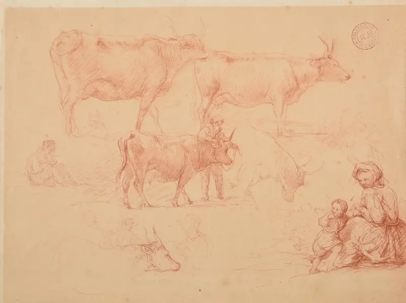 Studier av en ung pojke lutad mot en oxe, av oxar och av kvinna med barn av Jacques-Raymond Brascassat