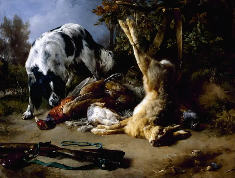 Spaniel med stilleben av dödade djur av Jacques-Raymond Brascassat