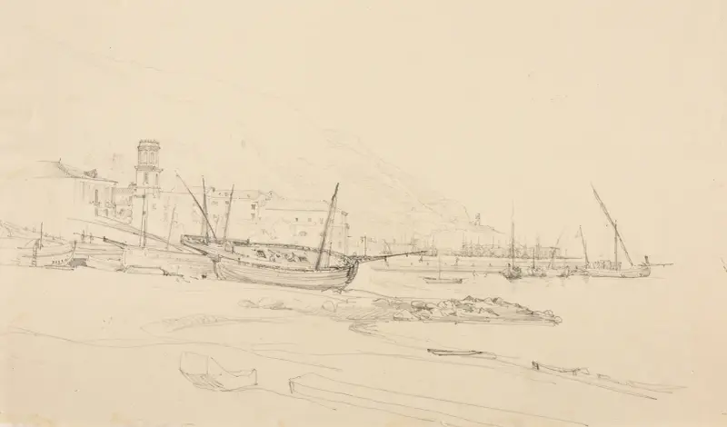 Vy över en obestämd hamn av Jacques-Raymond Brascassat