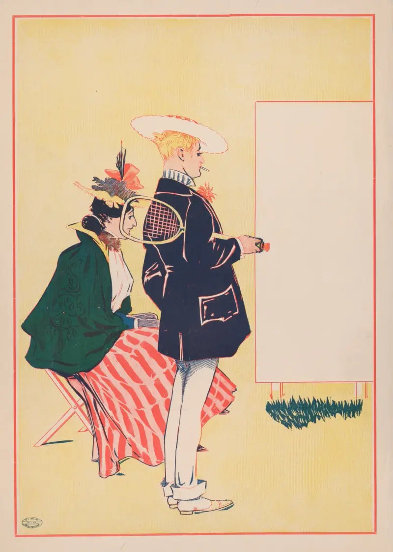 Woman seated, man standing with tennis racket looking at empty sign av George Reiter Brill
