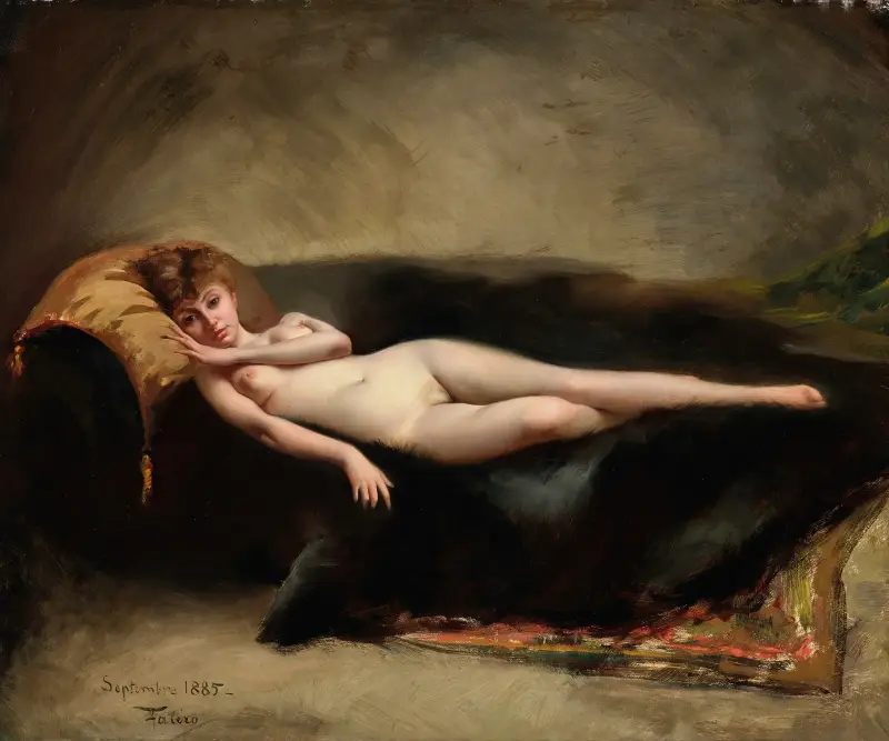 Femme nue couchée dans un divan av Luis Ricardo Falero