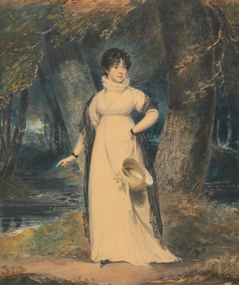 A Landscape with a Portrait of a Lady, Full Length, Holding a Hat av Richard Westall