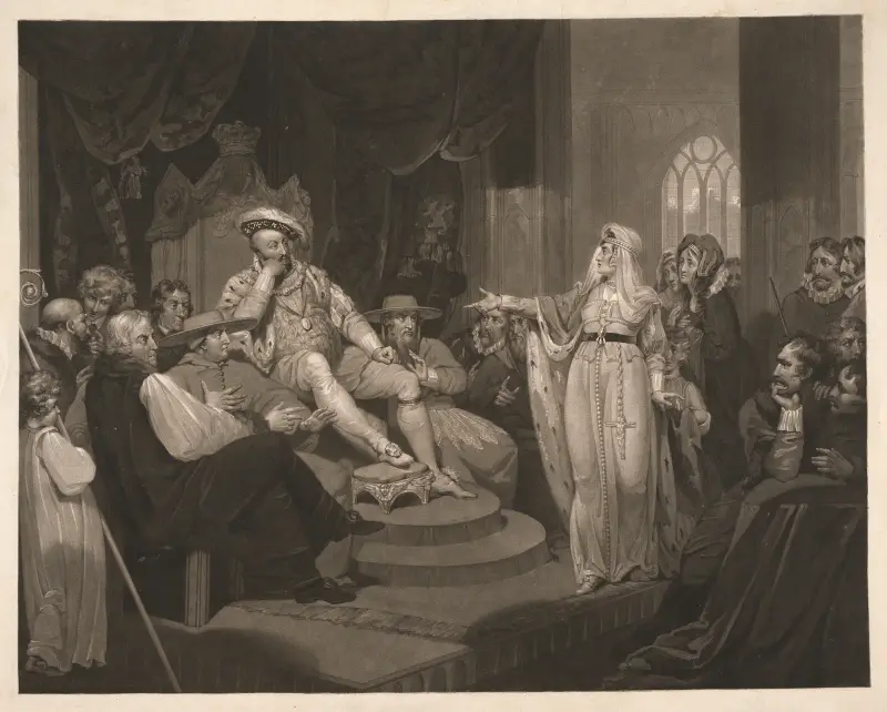 Catharine of Aragon Pleading Her Own Cause Before King Henry the Eighth av Richard Westall
